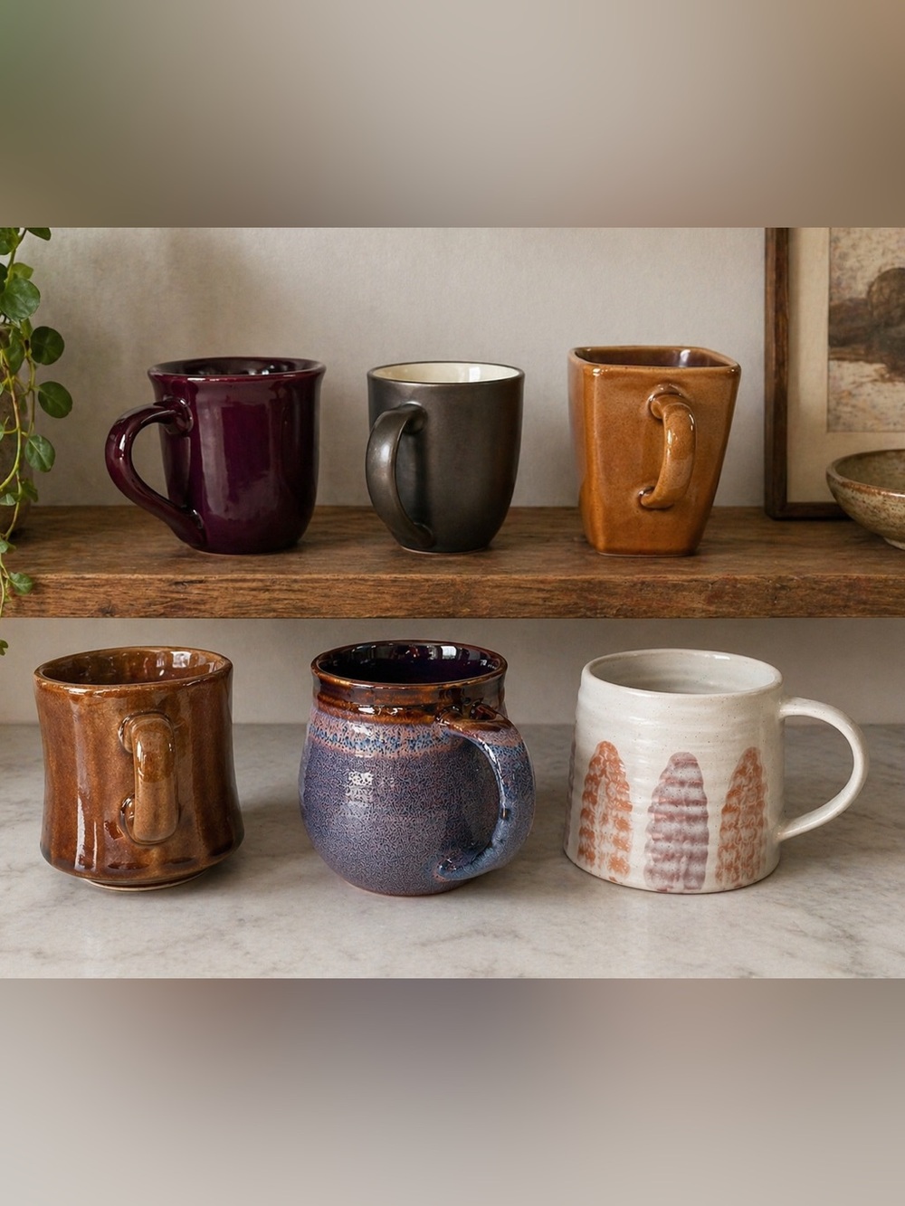 Set of 6 Ceramic Assorted Mugs, Plum, Brown, Earthy Tones Mix&Match Artisan Cups